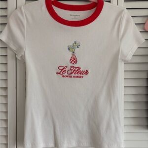 Old Navy White Tee with Red Ringer Collar and Floral Vase Graphic